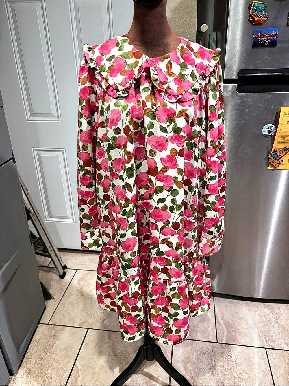 Who What Wear Long Sleeve Floral Ruffle Hem Mini Dress Pink & White Large